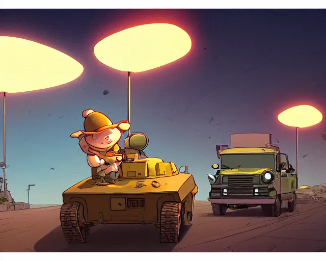 Prompt: a study of cell shaded cartoon of a chibi toad driving a tank on a desert road, street lamps, road, illustration, wide shot, subtle colors, post grunge, concept art by josan gonzales and wlop, by james jean, victo ngai, highly detailed, sharp focus, trending on artstation, hq, deviantart, art by artgem