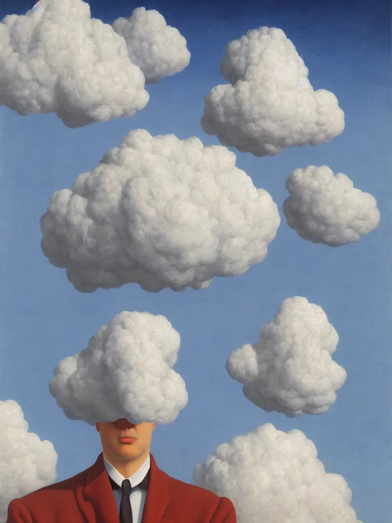 Image similar to portrait of cloud man by rene magritte, detailed painting, hd, hq, high resolution, high detail, 4 k, 8 k