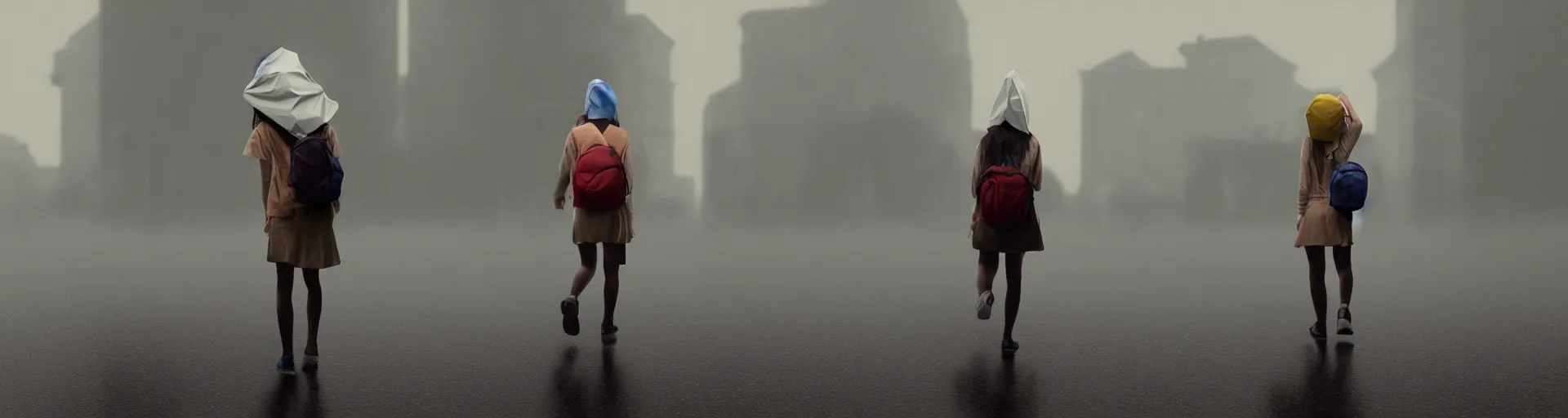 Prompt: girl with a backpack on her head walks in heavy rain, a shot from the movie, beeple - style cinematic