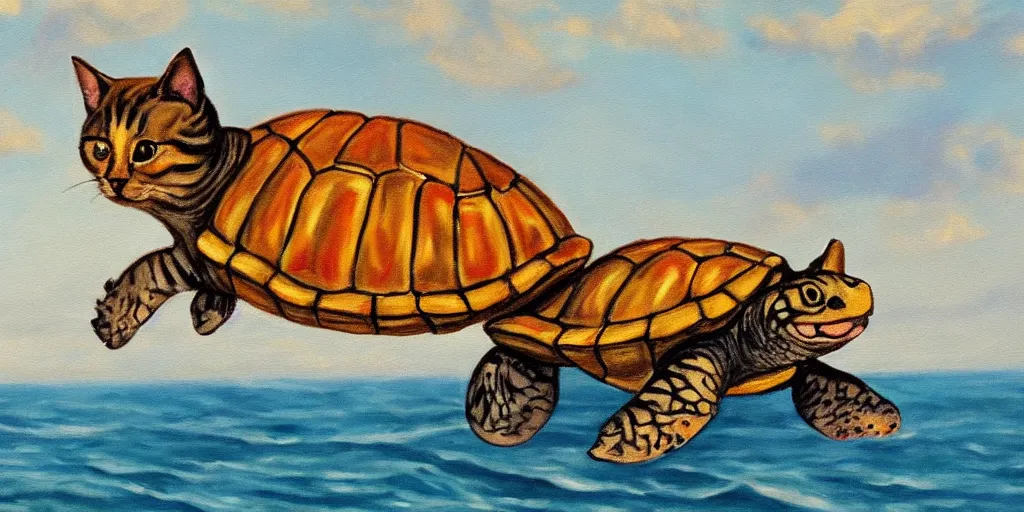 Image similar to painting of a cat on the beach playing with a turtle in the ocean