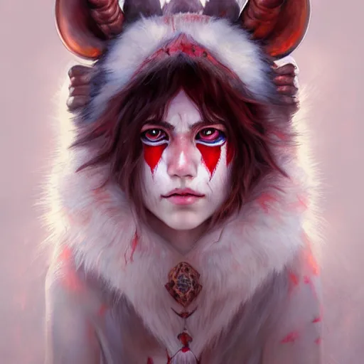 Image similar to Portrait of Princess Mononoke with red facepaint under her eyes, white fur, face, fantasy, intricate, elegant, highly detailed, digital painting, artstation, concept art, smooth, sharp focus, illustration, art by Fernanda Suarez and Artem Demura and alphonse mucha