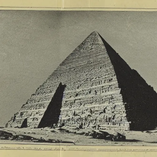 Prompt: an old journal page with a rich illustration of a ufo laying blocks of a half-built Pyramid of Giza