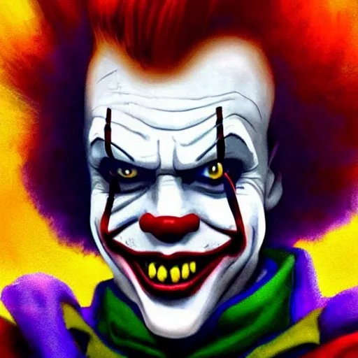 Prompt: pennywise as the joker, artstation hall of fame gallery, editors choice, #1 digital painting of all time, most beautiful image ever created, emotionally evocative, greatest art ever made, lifetime achievement magnum opus masterpiece, the most amazing breathtaking image with the deepest message ever painted, a thing of beauty beyond imagination or words, 4k, highly detailed, cinematic lighting