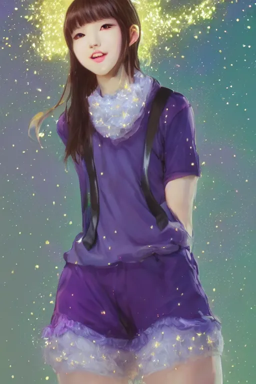 Image similar to Full View portrait of Eunha from Viviz and gFriend with short hair wearin purple overall shorts, short puffy pants, white tights covered in stars, Golden Ribbon, and a billowy scarf making a cute pose. masterpiece 4k digital illustration by Ruan Jia and Mandy Jurgens and Artgerm and greg rutkowski and Alexander Tsaruk and WLOP, award winning, Artstation, art nouveau aesthetic, Alphonse Mucha background, intricate details, realistic, panoramic view, Hyperdetailed, 8k resolution, intricate art nouveau