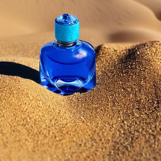 Image similar to perfume bottle sitting on a small mountain of golden desert sand, close up shot, upfront, with blue sky and clouds in the background, softly - lit, soft - warm, zen, light, modern minimalist f 2 0 clean