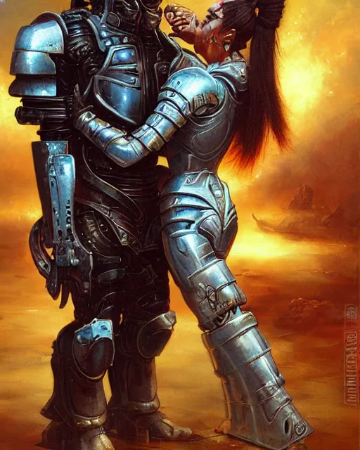 Image similar to a painting of a man in armor holding a woman, cyberpunk art by greg staples and by thomas blackshear and by michael whelan, cgsociety, fantasy art, dystopian art, androgynous, poster art