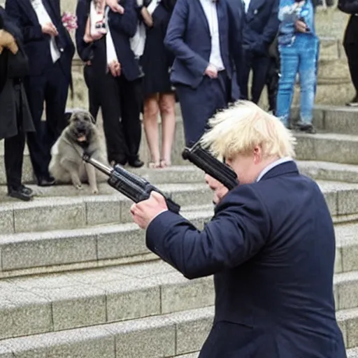 Image similar to dog holding a gun, aiming at boris johnson