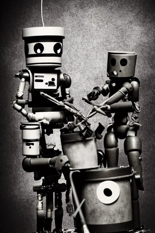 Prompt: a beautiful cinematic photo shot of a couple of threea toys figurines by ashley wood, world war one robot squids playing drums and electric guitar, black background, concert light, dark mood