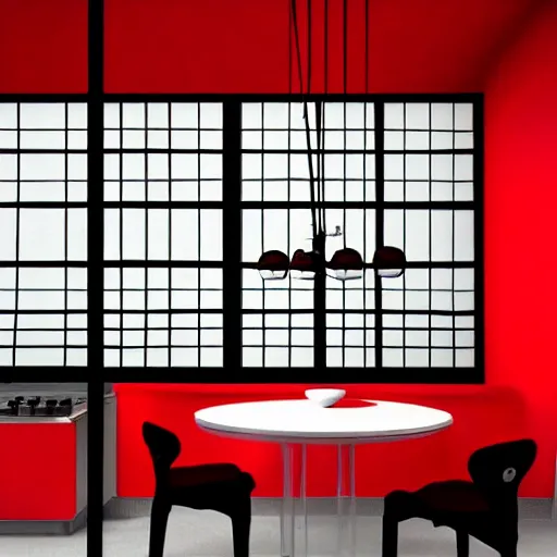 Image similar to photo of black kitchen fronts and furniture, red walls, white floor tiles, architecture, concept art