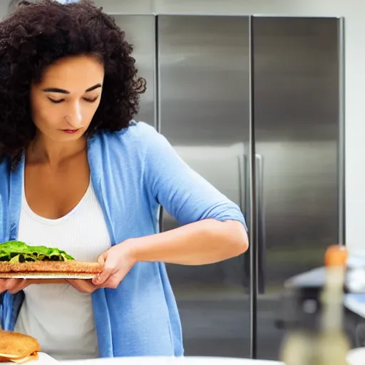 Prompt: A woman is watching her home nanotech fabrication appliance fabricate a sandwich,