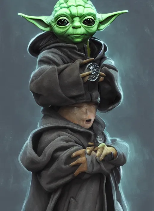 Image similar to Yoda wearing a black puffer jacket, wearing a baseball cap, elegant, digital painting, concept art, smooth, sharp focus, illustration, from StarCraft by Ruan Jia and Mandy Jurgens and Artgerm and William-Adolphe Bouguerea