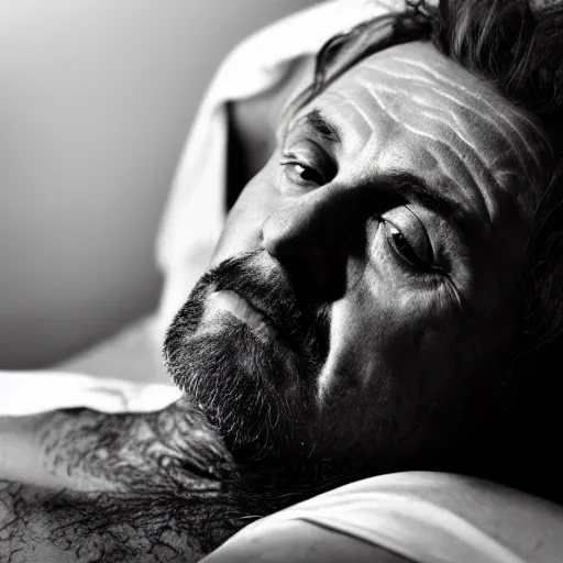 Image similar to black and white press photograph, highly detailed portrait of a depressed old tattooed drug dealer laying in bed, detailed face looking into camera, eye contact, natural light, mist, fashion photography, film grain, soft vignette, sigma 85mm f/1.4 1/10 sec shutter, Darren Aronofsky film still promotional image, IMAX 70mm footage