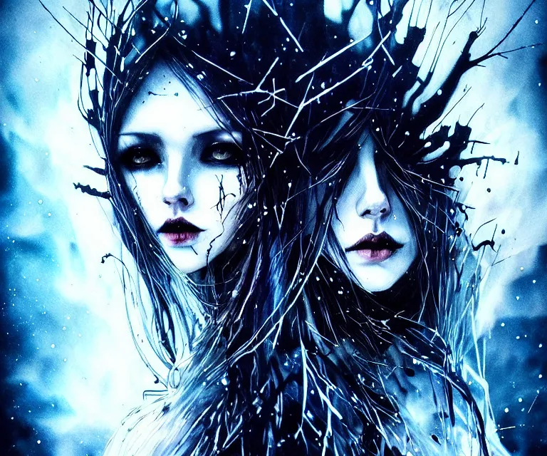 Prompt: stunning otherworldly gothic goddess of ice, dark and mysterious, atmospheric, ominous, eerie, cinematic, epic, 8 k, 4 k, ultra detail, ultra realistic, rendered by awesomeness. nights falling wind is blowwing snow is pilling concept art in style of carne griffiths artwork by xsullo