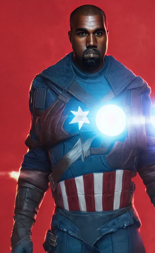 Image similar to Portrait of Kanye West as Captain America in Skyrim, splash art, movie still, cinematic lighting, dramatic, octane render, long lens, shallow depth of field, bokeh, anamorphic lens flare, 8k, hyper detailed, 35mm film grain