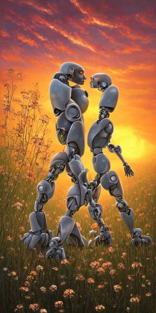 Prompt: close portrait of two robots kissing against the backdrop of a flowering field at sunset, for stories, highly detailed, highly intricate, oil painting, fantasy, artgerm