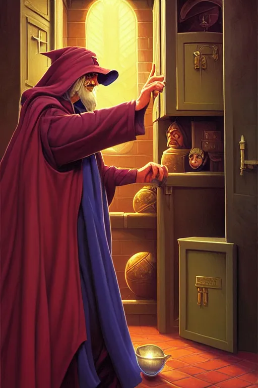 Prompt: classic oil painting, a comfy wizard wearing a nightcap, as a dnd character, inside of a highschool locker room, highly detailed, digital illustration, concept art, smooth, sharp focus, art by tim hildebrandt, and greg hildebrandt