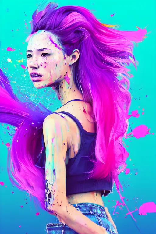 Image similar to a award winning half body porttrait of a beautiful woman in a croptop and cargo pants with ombre purple pink teal hairstyle with head in motion and hair flying, paint splashes, splatter, outrun, vaporware, shaded flat illustration, digital art, trending on artstation, highly detailed, fine detail, intricate
