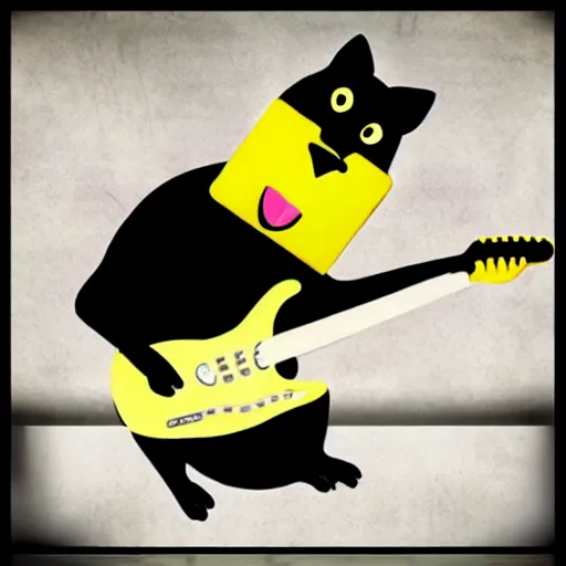Image similar to A Hyperealistic black Cat with a body made out of cheese playing guitar.