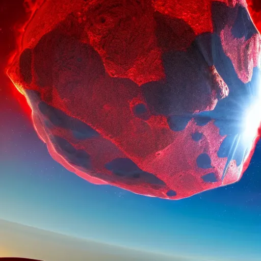 Image similar to Gigantic red-hot meteorite crashes into living planet, fantastic landscape, fantasy, hyperrealism, no blur, 4k resolution, ultra detailed-i