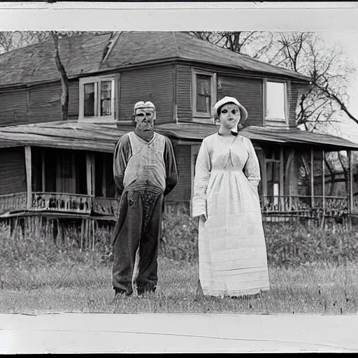 Image similar to a farmer and his daughter pose stiffly, they stand outside of their home, built in an 1 8 8 0 s style known as carpenter gothic, iowa, cinematic, midwest gothic