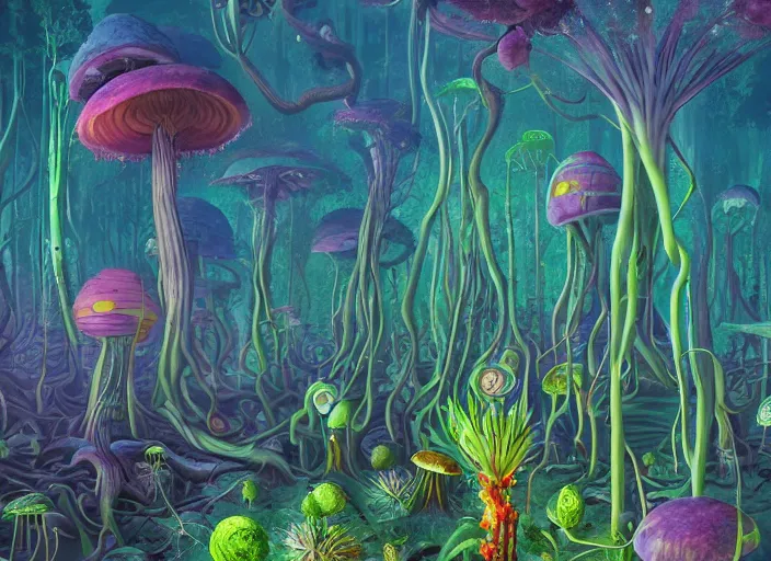 Prompt: a forest of alien plants and fungi, award winning concept art, colorful, vibrant, surreal, from a science fiction book cover, trending on artstation