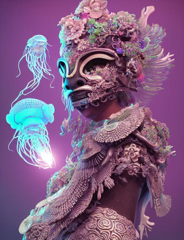 Image similar to 3 d goddess close - up profile solarpunk portrait ram skull. beautiful intricately detailed japanese crow kitsune mask and clasical japanese kimono. betta fish, jellyfish phoenix, bio luminescent, plasma, ice, water, wind, creature, artwork by tooth wu and wlop and beeple and greg rutkowski