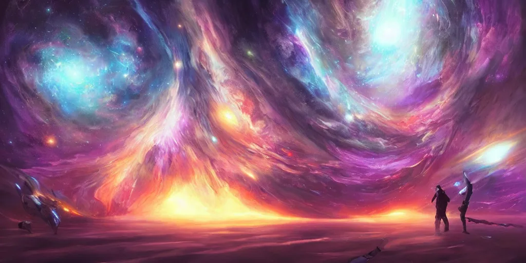 Image similar to galactic diffusion forming an entire universe with its thoughts, concept art, digital illustration, trending on artstation, deviantart, artgerm, epic composition, masterpiece, highly detailed, advanced technique, ambient lighting, wlop, ross draws