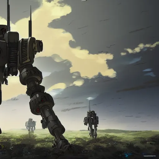 Image similar to a mech with guns on each arm preparing for combat, battlefield, dead trees, fire, smoke, dark clouds, slightly sunny, ominous, intense, epic, extremely detailed, cinematic lighting, studio ghibli, anime,