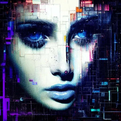 Prompt: hyperrealistic portrait of a young women with crystal eyes, by Guy Denning, by Johannes Itten, by Russ Mills, glitch art, hacking effects, digital tech effects, cyberpunk, color blocking!, oil on canvas, intricate detail, concept art, abstract, detailed lines, clean, polished, symmetrical eyes, symmetrical, octane, cgsociety, 8k, trending on artstation