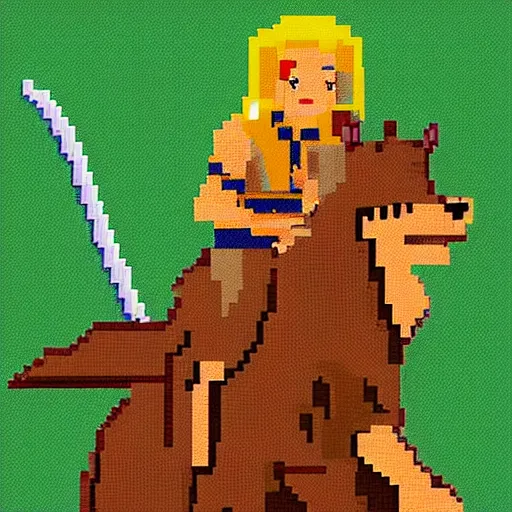 Image similar to pixel art, warrior queen on a dire wolf riding onto battle