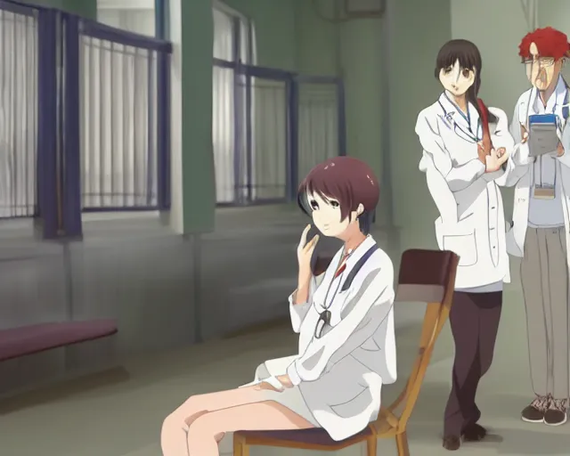 Image similar to a cute young female doctor wearing white coat are talking with an old surgeon in a hospital, slice of life anime, lighting, anime scenery by Makoto shinkai