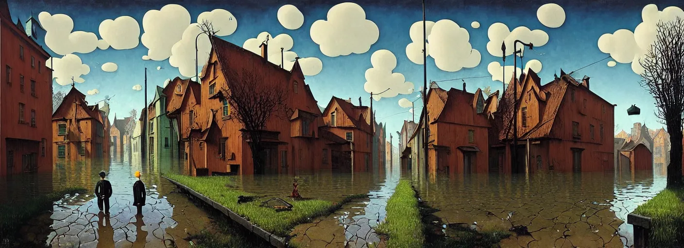 Image similar to flooded! old dark scary wooden empty cursed town street entrance, very coherent and colorful high contrast masterpiece by gediminas pranckevicius rene magritte norman rockwell franz sedlacek, full - length view, dark shadows, sunny day, hard lighting, reference sheet white background