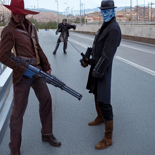 Image similar to duel between cad bane and clint eastwood on the vallecas bridge