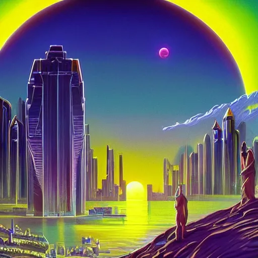 Prompt: eclipse over futuristic crystal city, water, synthwave bright neon colors highly details cinematic vladimir kush, philippe dru, roger deal, bob egg, leton, michael whelan,