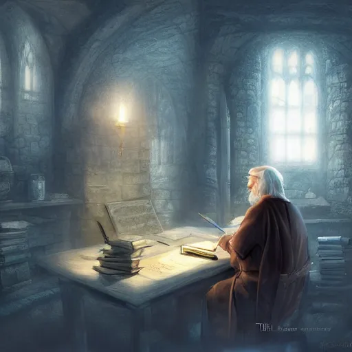 Prompt: Gandalf writing his resume to work at Hogwarts, extra detailed, digital illustration, by Makoto Shinkai and thomas kinkade, digital painting, Matte painting, trending on artstation and unreal engine