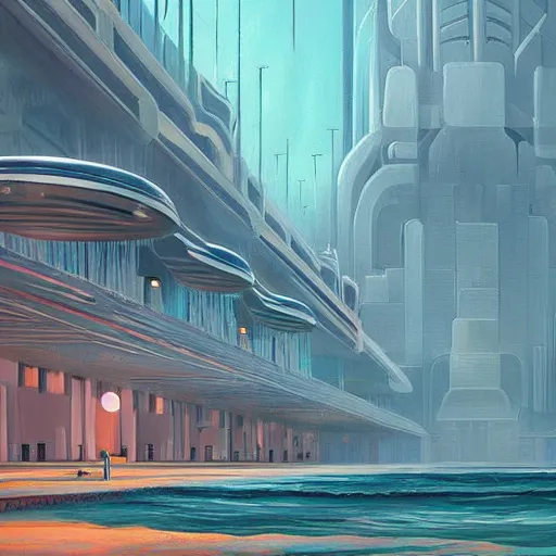 Prompt: beautiful painting of a white art-deco city under the ocean in the style of Simon Stålenhag and H. R. Giger, detailed, trending on Artstation