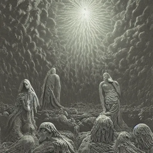 Image similar to weeping angel statues in the mohave desert, high detail, dramatic light, illustration by gustave dore