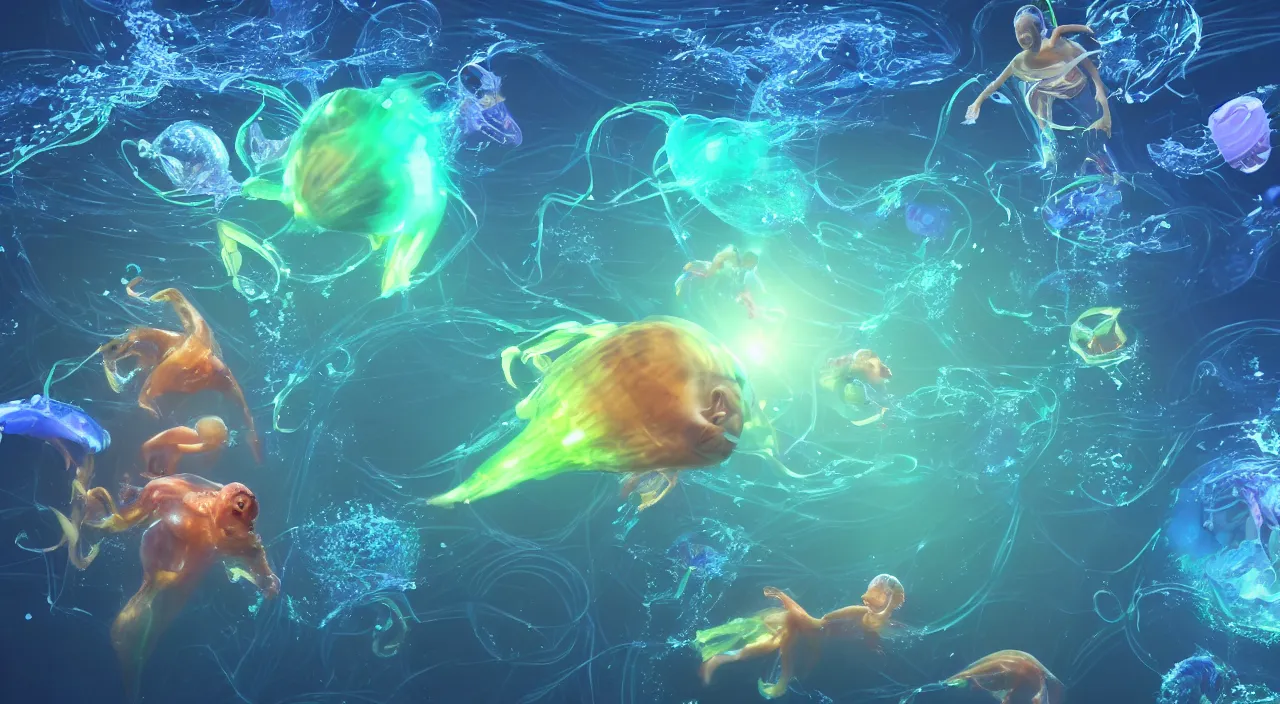 Image similar to three bio mechanical alien humanoid babies swimming underwater among glowing fish and jellyfish, 4 k post - processing highly detailed, 3 d render, modern photography
