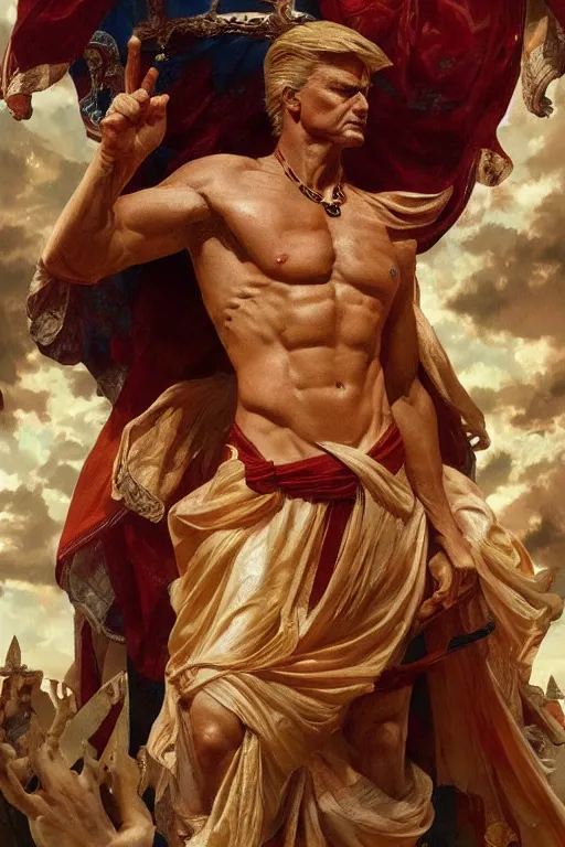 Image similar to President Donald J Trump as a Greek god, detailed face, gorgeous, amazing, muscular, fit, very muscular male body, Caesar victorious, proud Emperor , intricate, highly detailed, digital painting, artstation, concept art, sharp focus, illustration, art by greg rutkowski and alphonse mucha