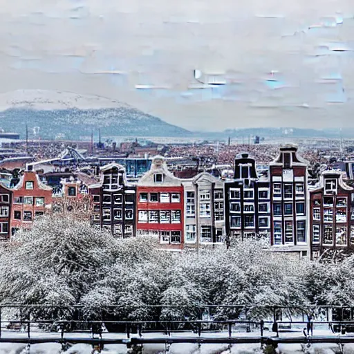 Image similar to amsterdam covered in snow, mountains in the background, 2019 photograph