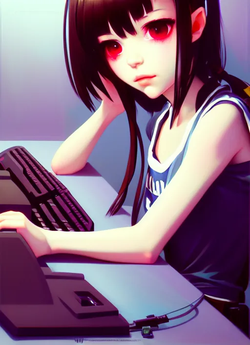 Image similar to a film still polaroid portrait of a young gamersgirl at her computer, detailed features, perfect art, busy room, hd, gapmoe yandere, trending on pixiv, focussed painted art, by wlop, ilya kuvshinov, artgerm, krenz cushart, pixiv