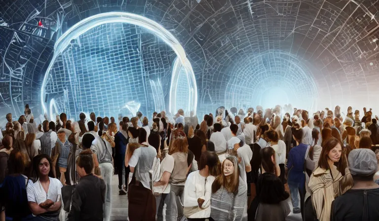 Prompt: crowd of people in simple white museum, looking at hologram of futuristic metropolis on a circular table, cinematic concept art, godrays, golden hour, natural sunlight, 4 k, clear details, tabletop model buildings, center model buildings, hologram center, crane shot, crane shot, crane shot, white walls