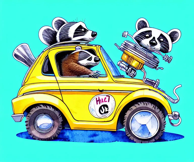 Image similar to cute and funny, racoon wearing a helmet riding in a tiny hot rod with oversized engine, ratfink style by ed roth, centered award winning watercolor pen illustration, isometric illustration by chihiro iwasaki, edited by olga shvartsur, tiny details by artgerm, symmetrically isometrically centered