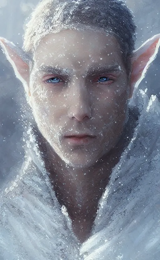 Prompt: portrait of an elf covered in frost and ice, male, detailed face, fantasy, highly detailed, cinematic lighting, digital art painting by greg rutkowski