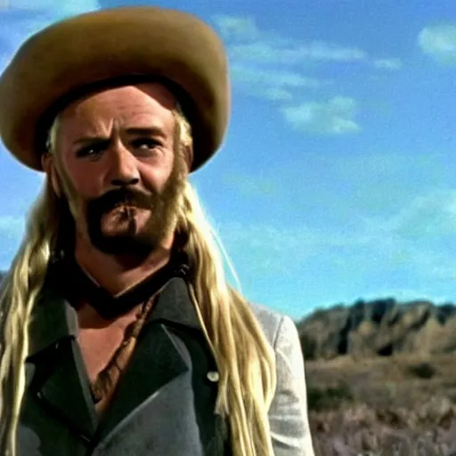 Prompt: a film still of Funny Valentine as a man, with a long blonde hair in The Good, the Bad and the Ugly(1966)