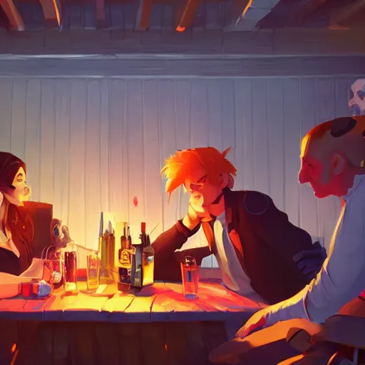 Image similar to a party of d & d characters drinking in a tavern, ambient lighting, 4 k, lois van baarle, ilya kuvshinov, rossdraws, erol otus, artstation