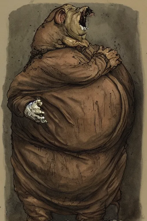 Image similar to a obese gray sniveling rat person wearing a decaying brown cloak, color painting by john blanche