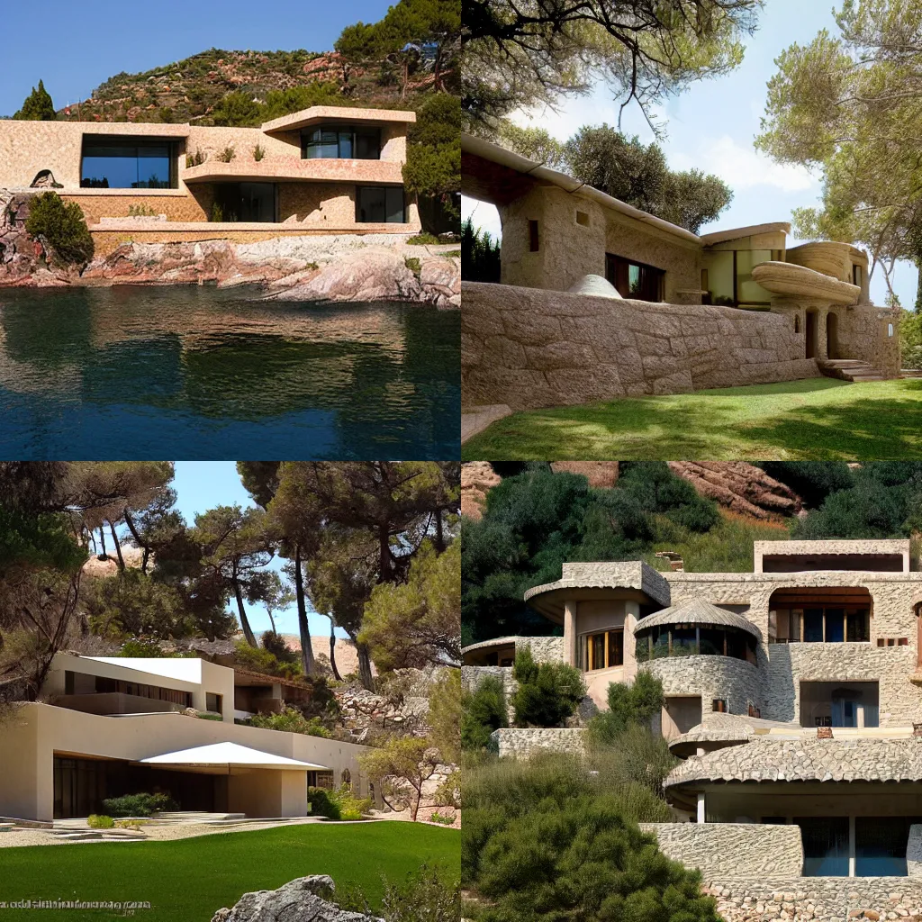 Prompt: mediterranean villa on a rocky coastline, frank loyd wright, architecture