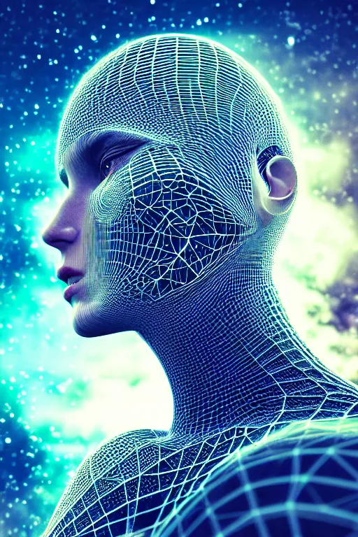 Prompt: intricate hyper detailed ultra sharp 3 d render, unsplash transparent fractal, galaxy in the background, intricate details, human face, facial features, elegant, hyper realistic, ultra detailed, octane render, volumetric cinematic lighting, 8 k post - production