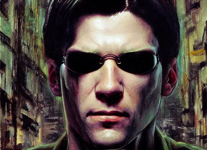 Prompt: ultra realistic portrait painting of irish neo from the matrix, art by frank frazetta and beeple, 4 k, ultra realistic, highly detailed, epic lighting